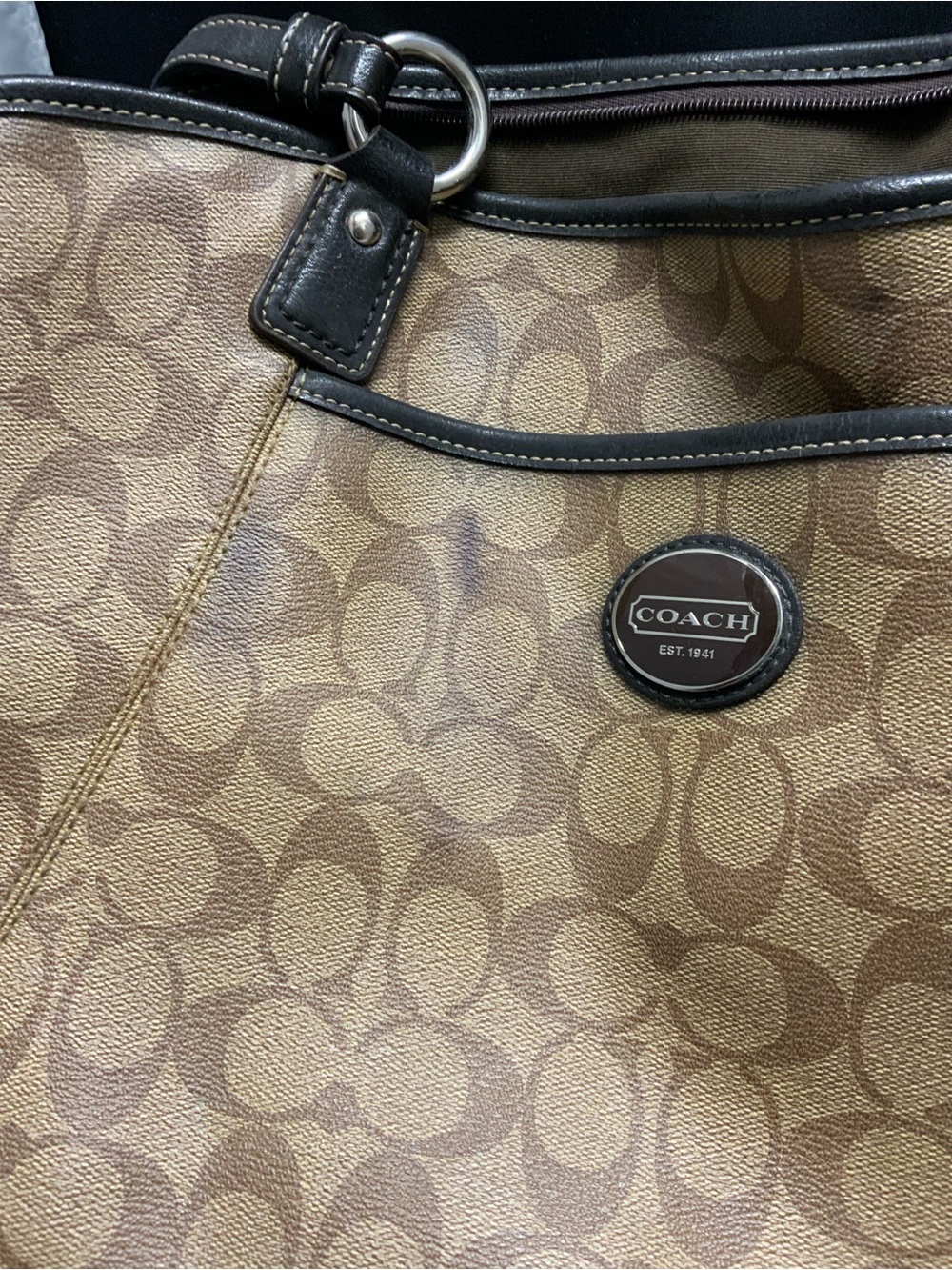 Coach Brown Tan Logo Large Shoulder Bag with Zipper and Brand Tag - Picture 3 of 6